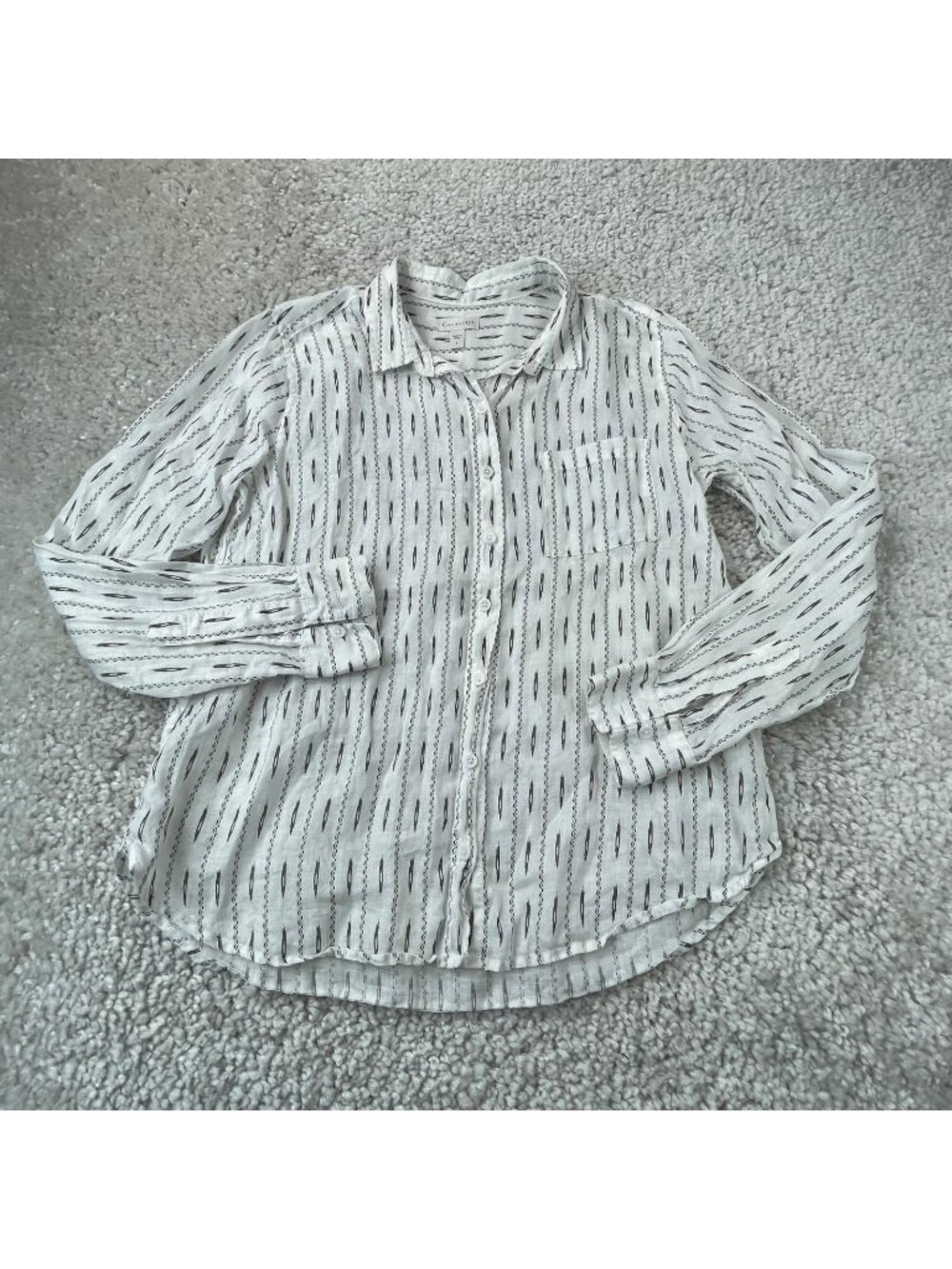 Garnet Hill Linen Button Up Shirt Gray White Print Womens 4